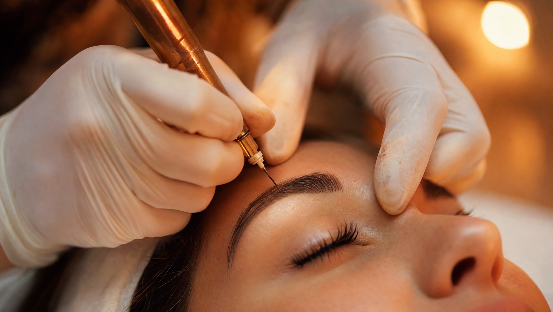 Técnica realizando microblading de cejas pelo a pelo, luz cálida terracota